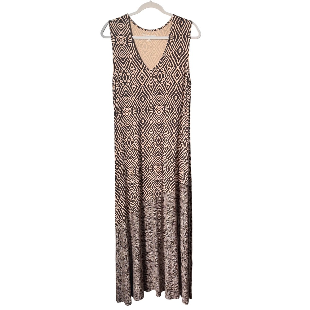 Soft Surroundings Geometric Tribal Maxi Dress Brown Tan Sleeveless V-Neck Small